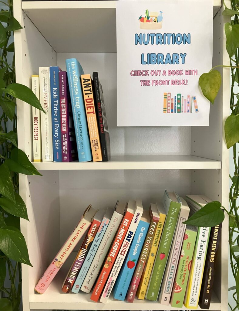 photo of about 20 books on shelves in the Nutrition Library