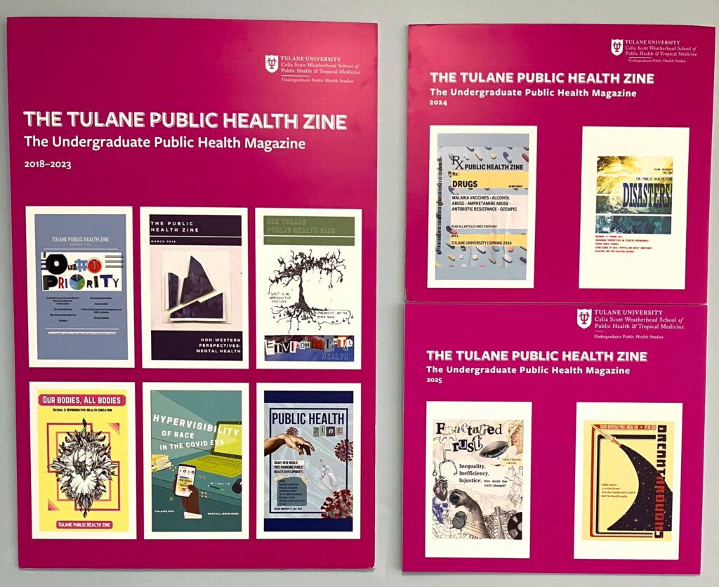 Images of PHZ front covers on a pink posterboard.