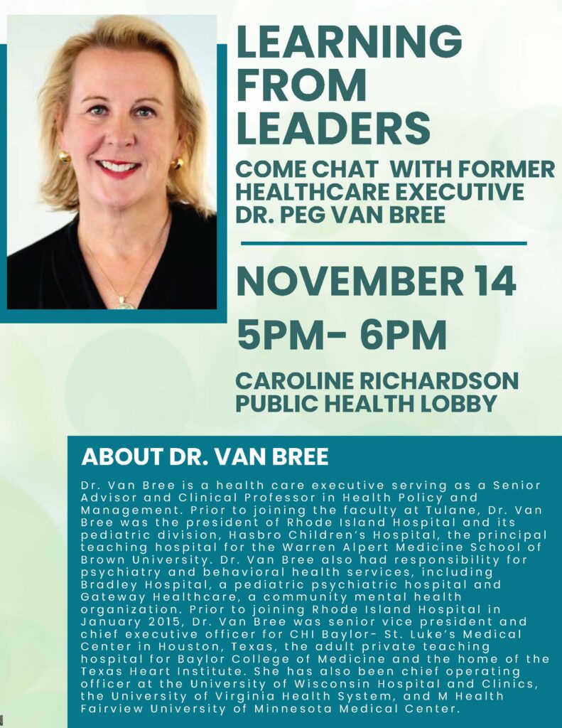 Flyer for Learning from Leaders event with photo of Dr. Van Bree.