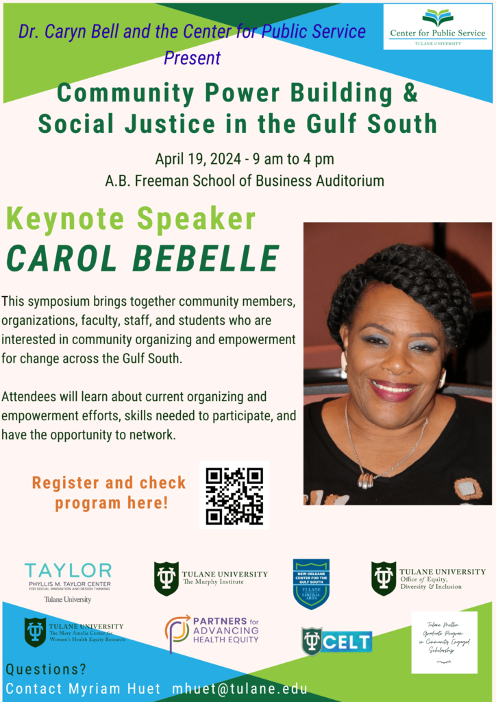 Flyer for the symposium featuring a photo of keynote speaker Carol Bebelle, a Cultural Advocate, Thought Leader, and Producer.