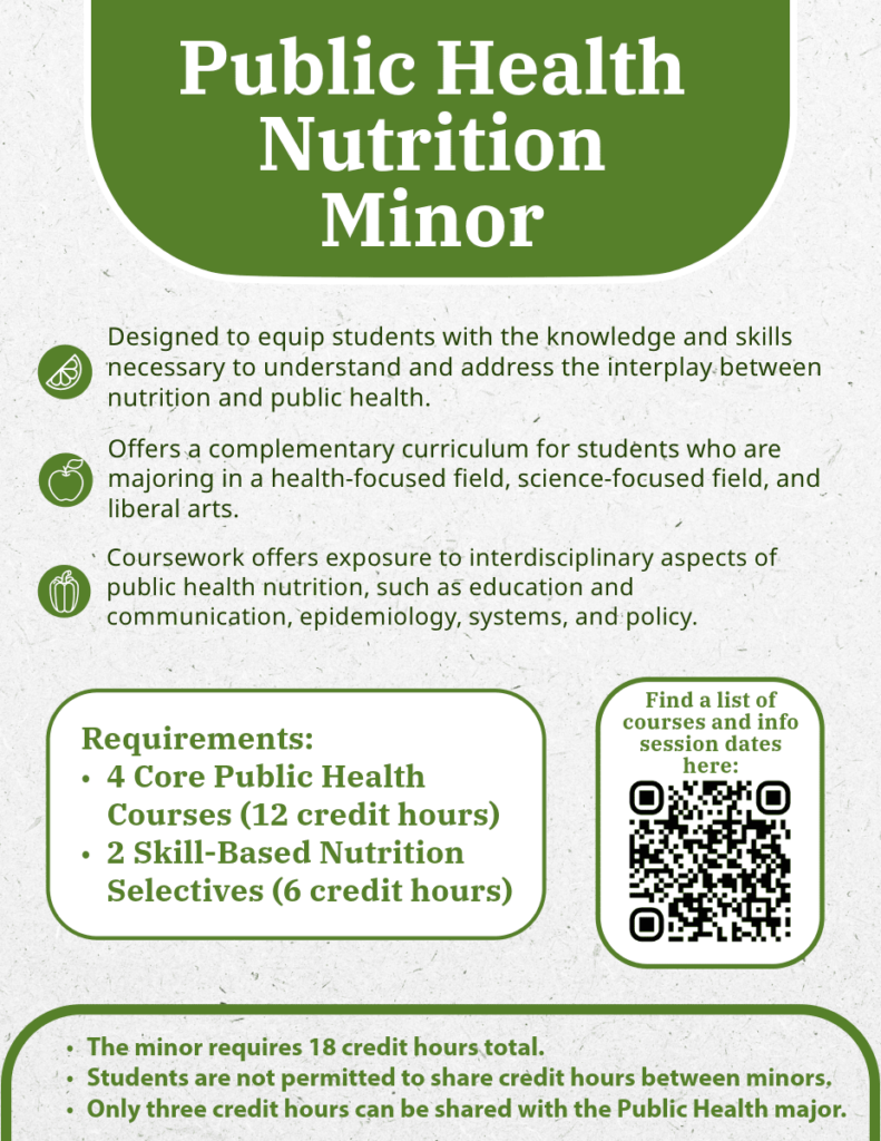 The minor focuses on the interplay between public health and nutrition. 6 courses total: 4 core courses, 2 selective courses.