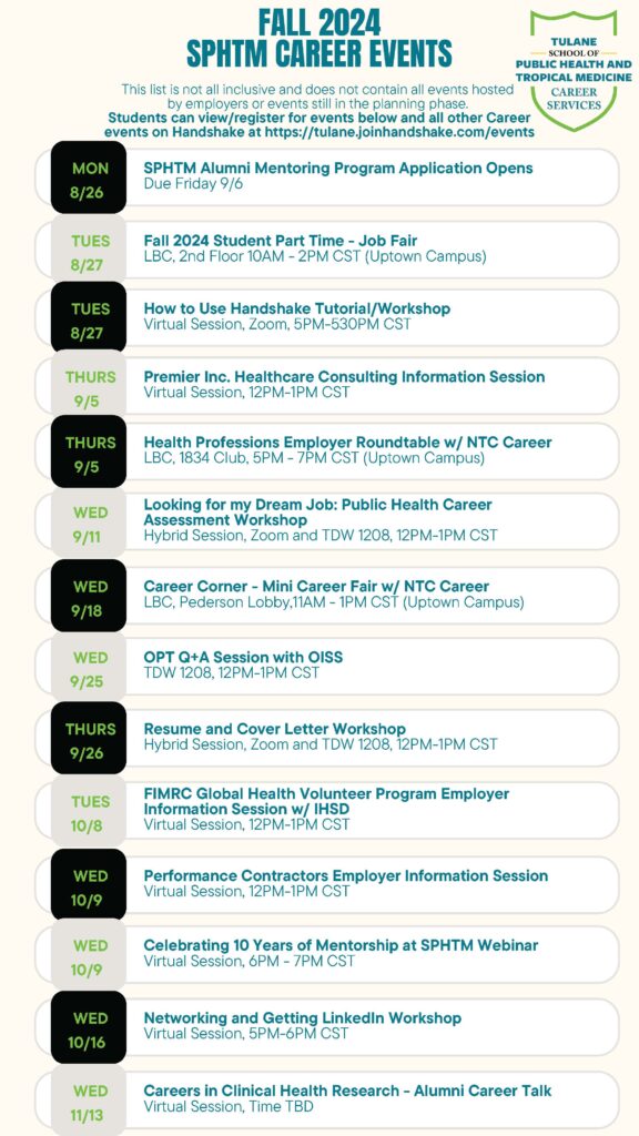 View info and register for events here: https://tulane.joinhandshake.com/stu/events