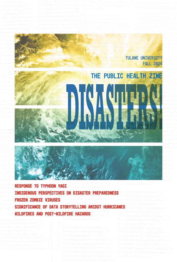 The cover of the fall '24 zine. The title "Disasters!" is in the center in large print. A list of articles is at the bottom. A colorful picture of a hurricane radar image is in the background.